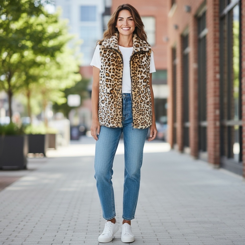 Fever Faux Fur Leopard Print Zip Vest Size M